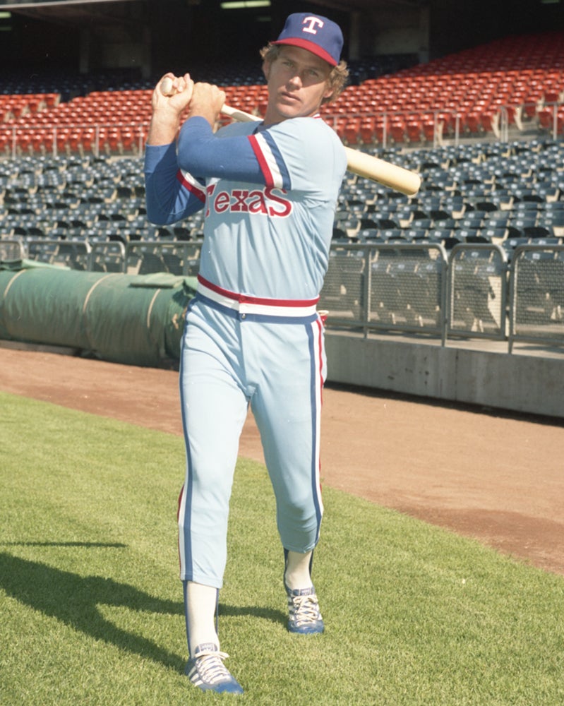 Posed batting portrait of Mike Jorgensen in Rangers uniform